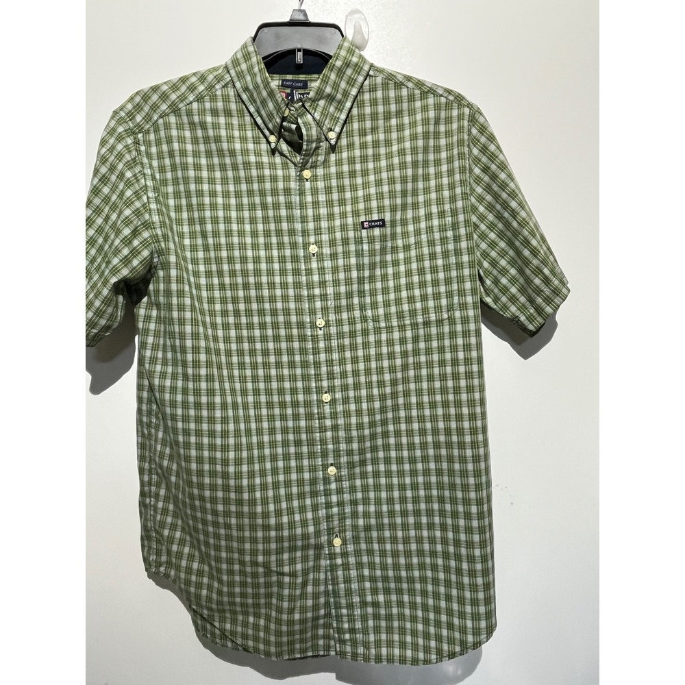 Chaps Mens Medium Green White Plaid Short Sleeve Easy Care Button Down Shirt